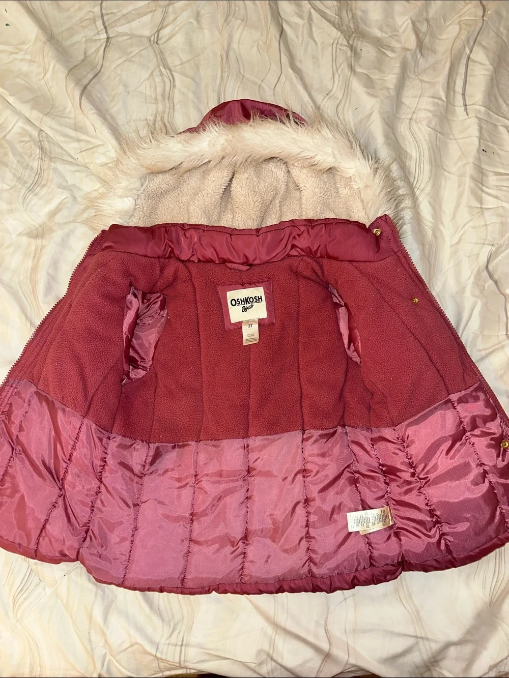 OshKosh B'gosh Rose Pink Hooded Puffer Coat with Faux Fur Trim